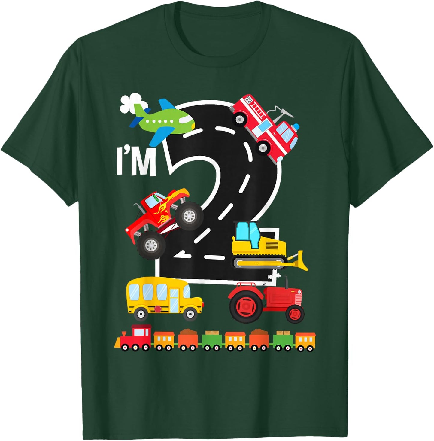 I'm 2 2nd Birthday Trucks Vehicles Transportation Train T-Shirt - T-Shirt | Forest
