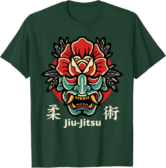 Japanese Demon Oni Mask, Kabuki Jiu-Jitsu Kanji T-Shirt - T-Shirt | Forest