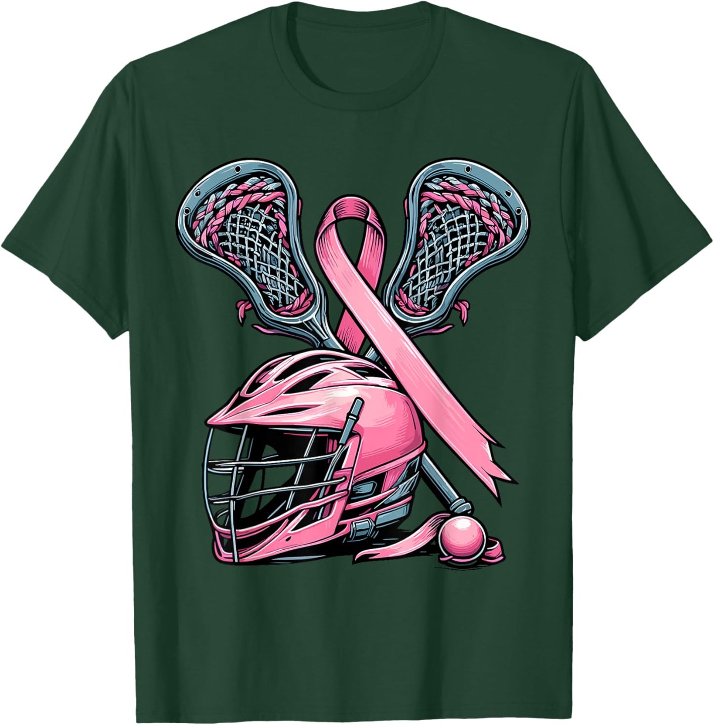 Lacrosse Pink Ribbon Breast Cancer Awareness Sport Lover T-Shirt - T-Shirt | Forest