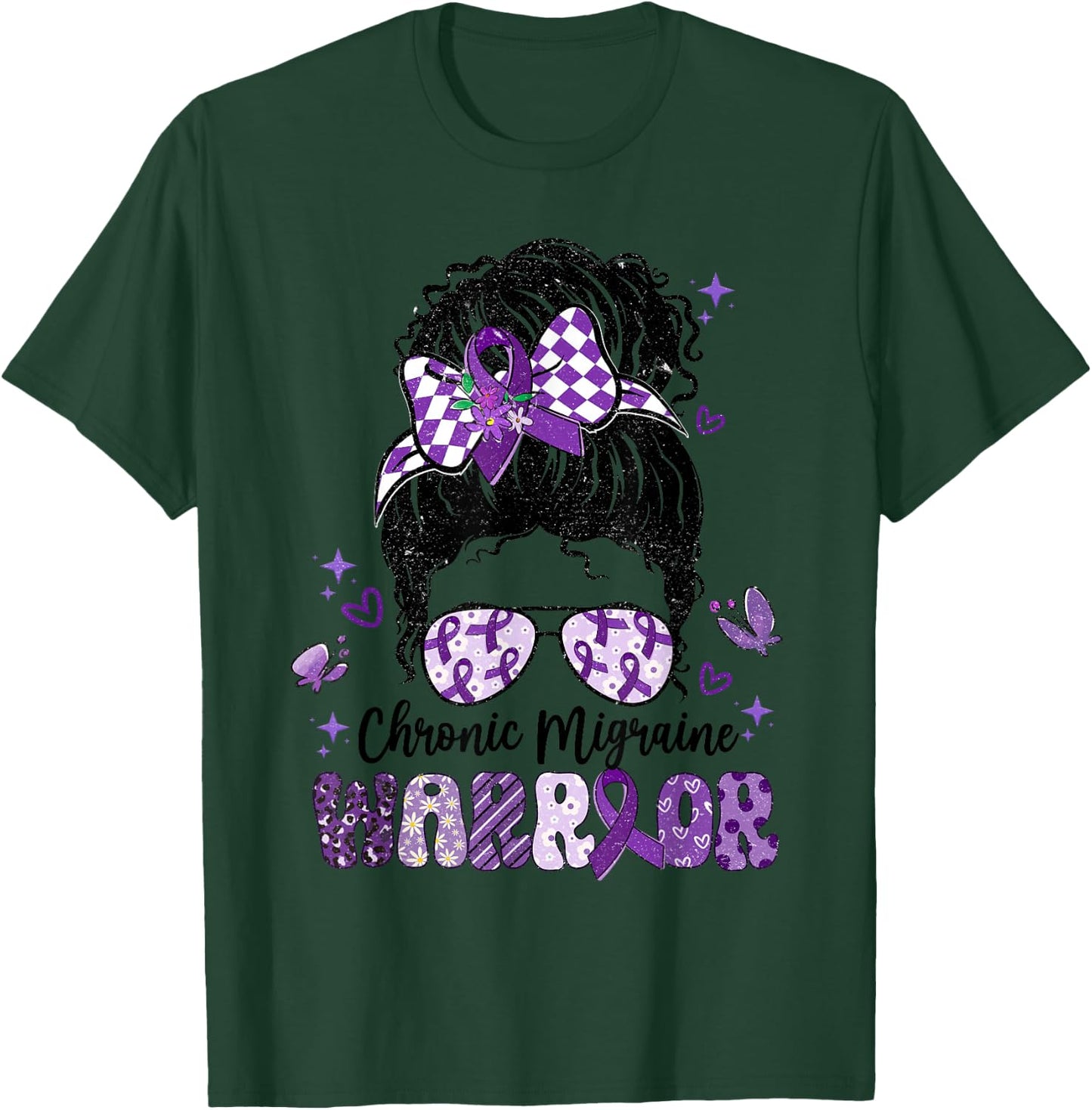 Warrior Messy Bun Red Purple Ribbon Chronic Migraine T-Shirt - T-Shirt | Forest