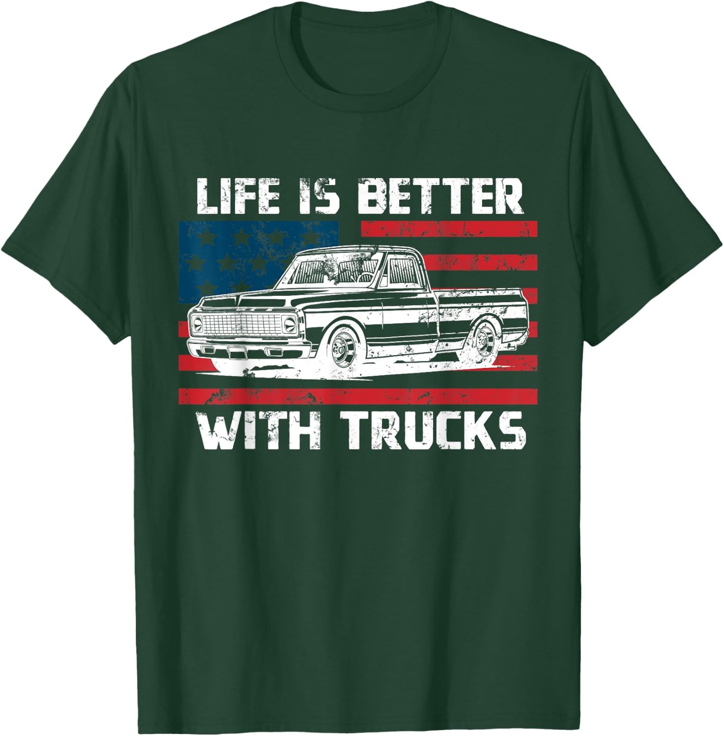Vintage Life Is Better With Trucks USA Flag Truck Shirts Women Men T-Shirt - T-Shirt | Forest