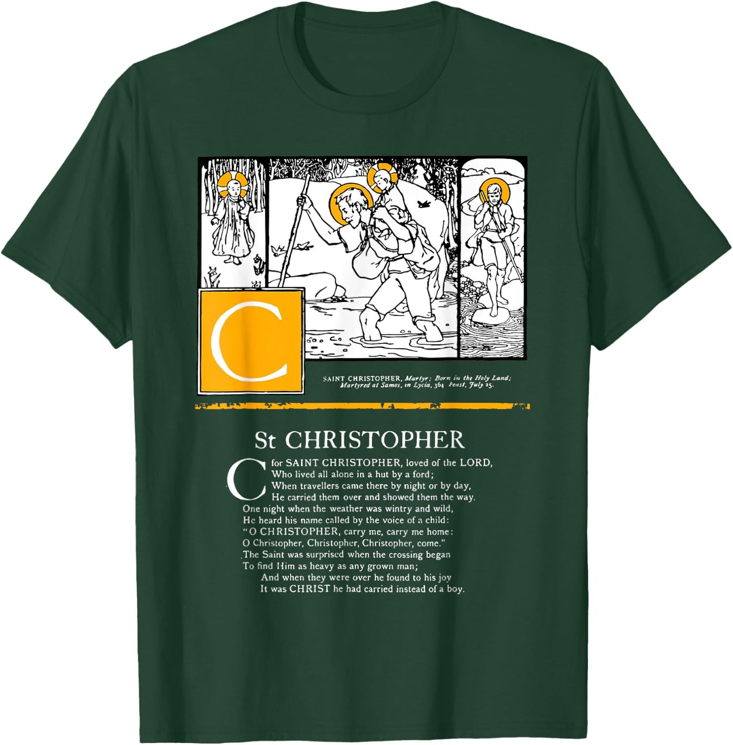 Saint Christopher Protect Us Safety Saint Alphabet Catholic T-Shirt - T-Shirt | Forest