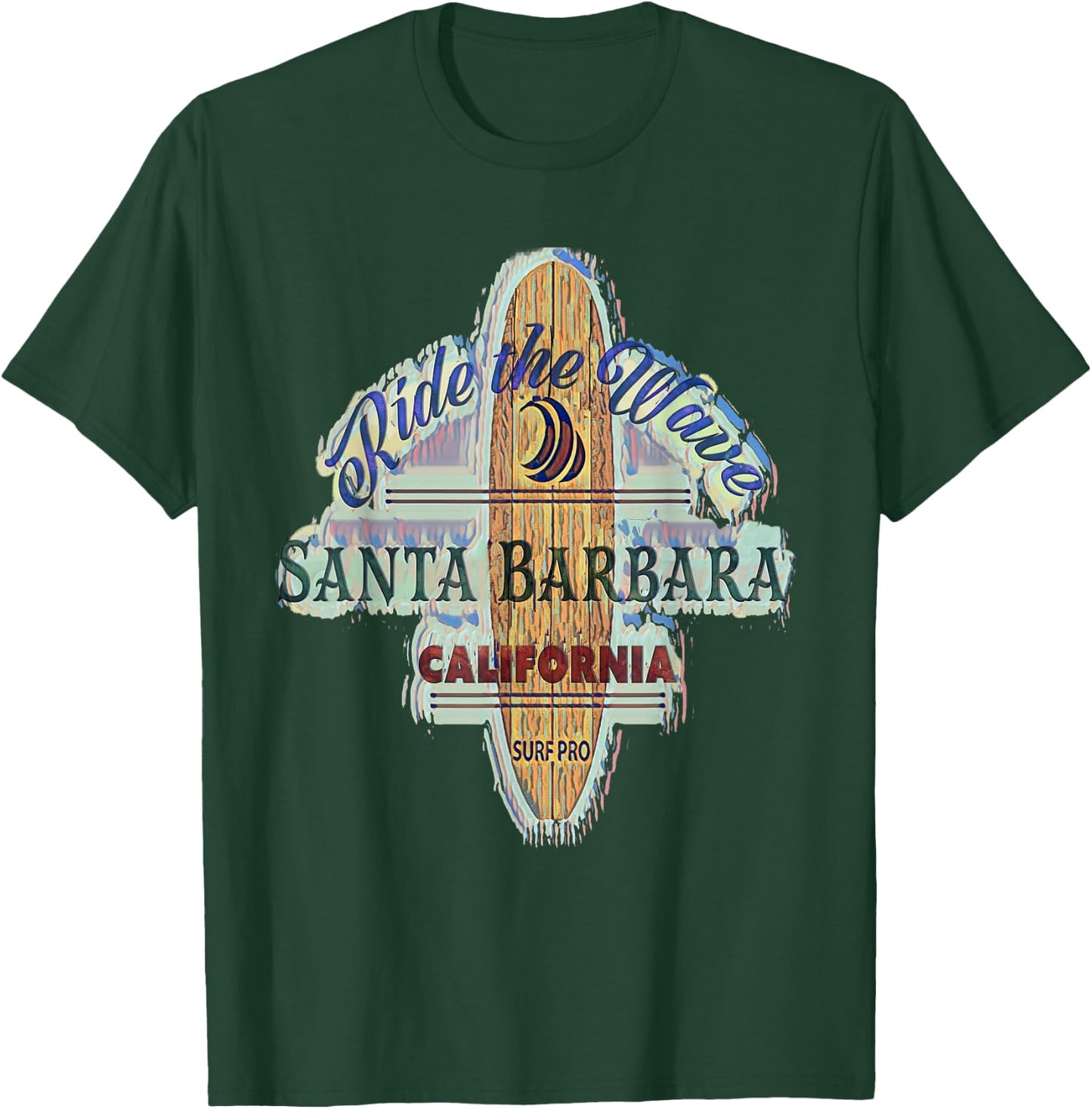 Santa Barbara Surfing Distressed Vintage Retro Surfboard T-Shirt - T-Shirt | Forest