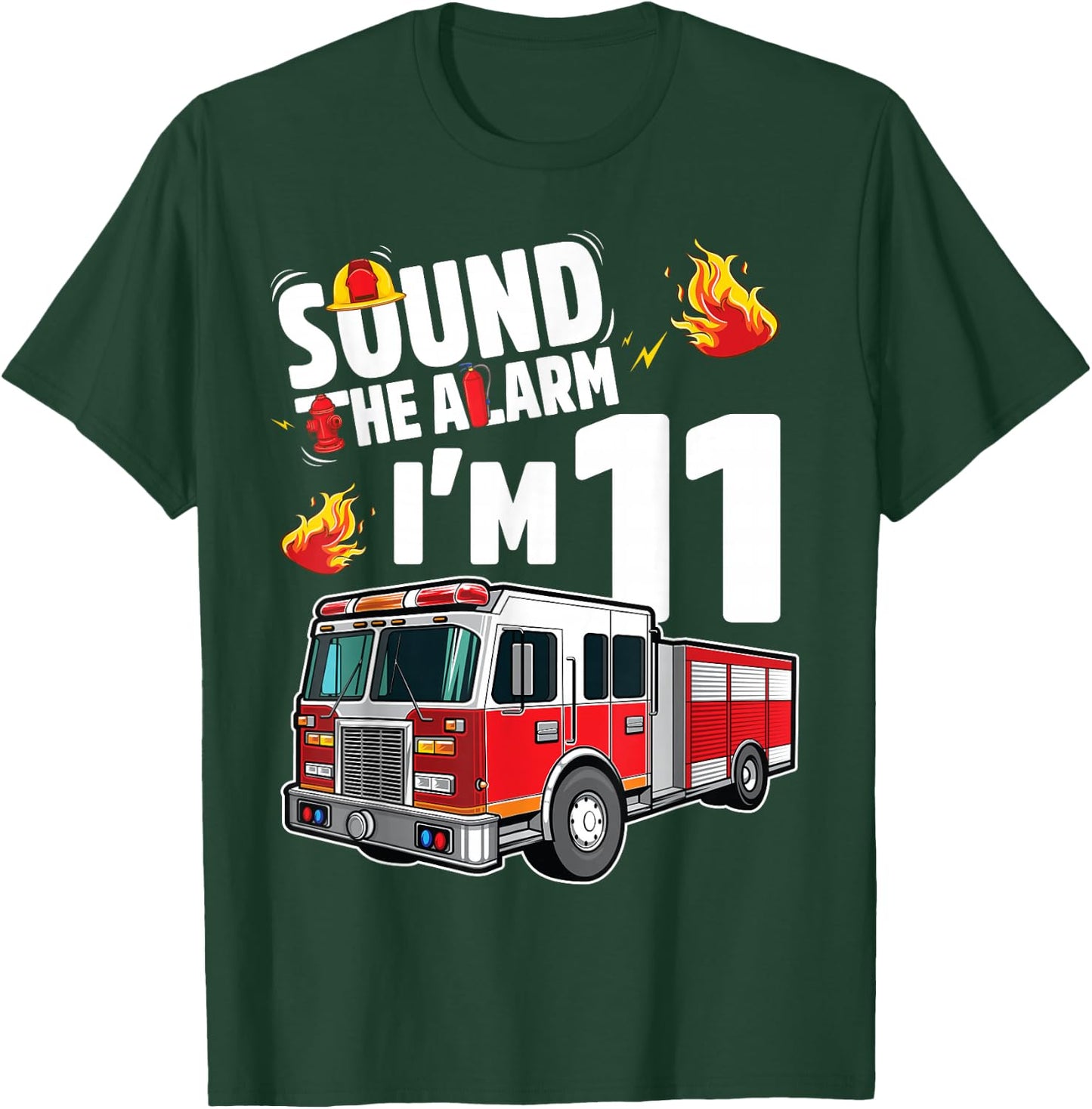 Fire Truck 11th Birthday Boy Firefighter 11 Year Old T-Shirt - T-Shirt | Forest