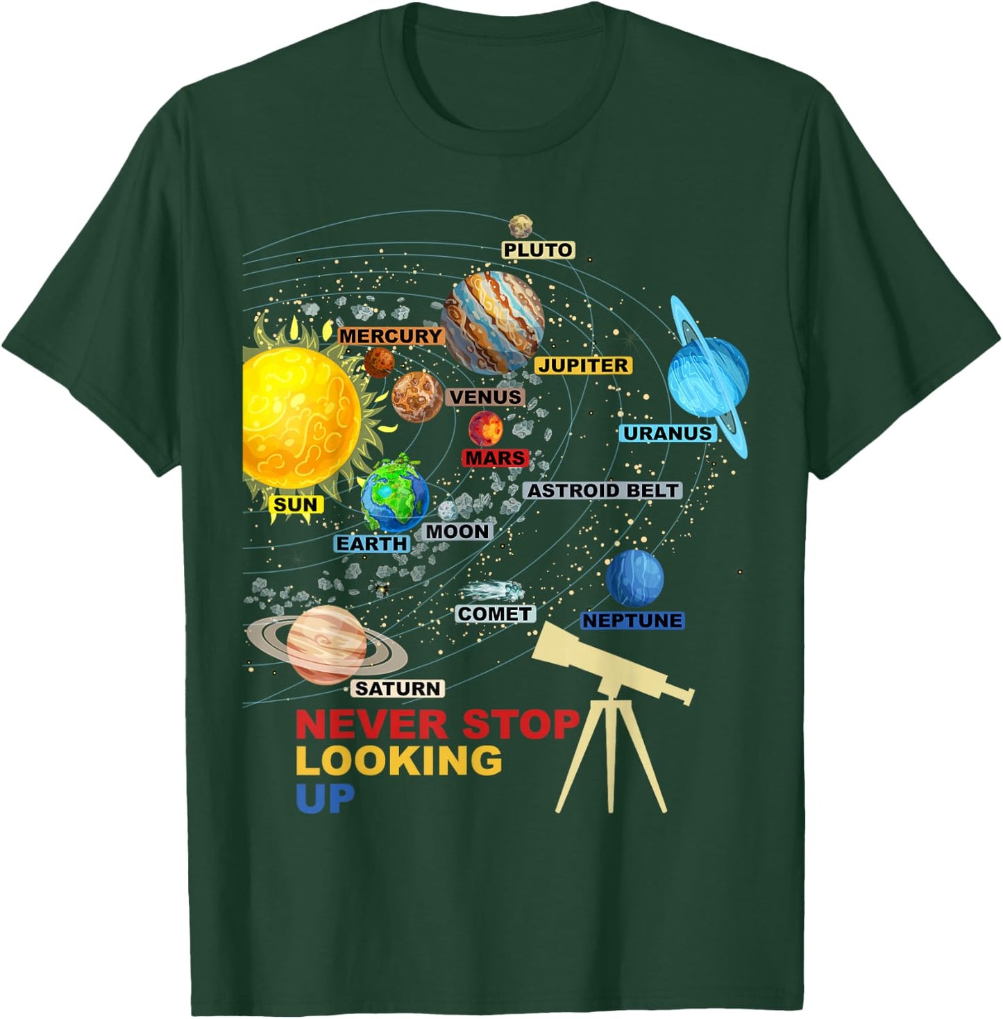 Solar System Planets - Never Stop Looking Up - Astronomy T-Shirt - T-Shirt | Forest