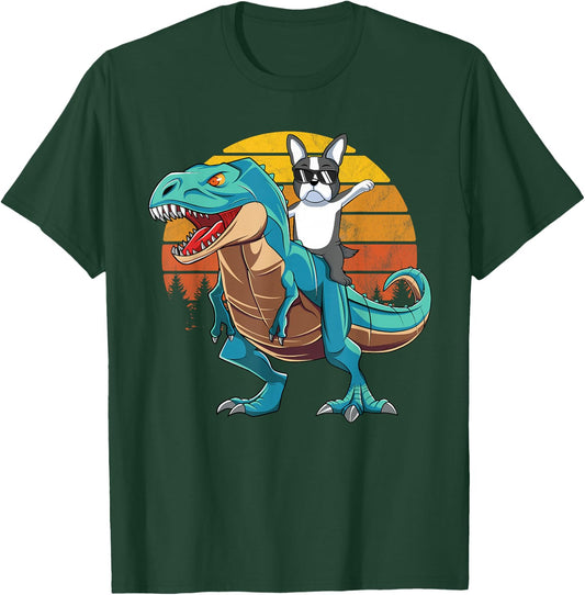 Boston Terrier Dog Riding Dinosaur T Rex Boys T-Shirt - T-Shirt | Forest