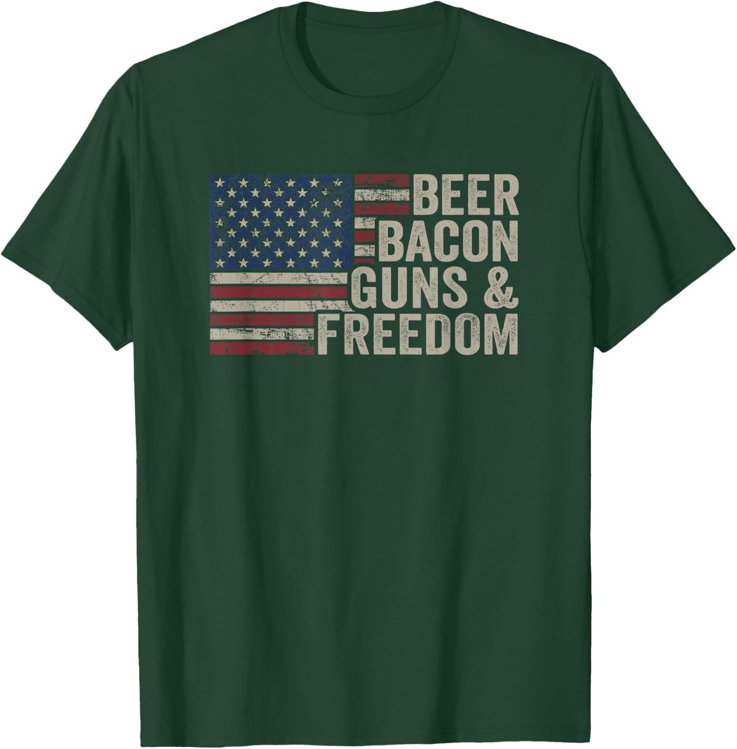 Beer Bacon Guns & Freedom - BBQ Vintage USA Flag Drinking T-Shirt - T-Shirt | Forest