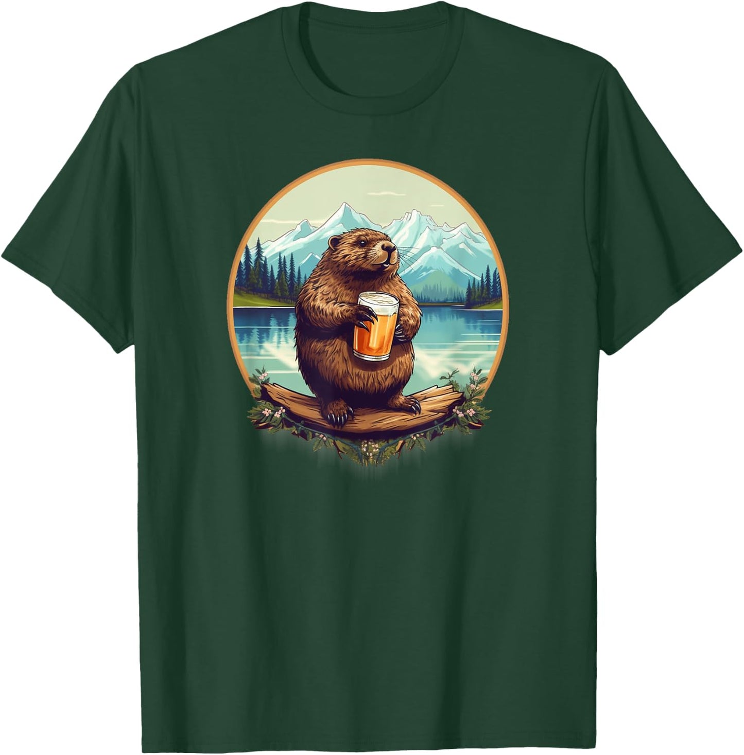 Beer Drinking Beaver in the Mountain Outdoors T-Shirt - T-Shirt | Forest