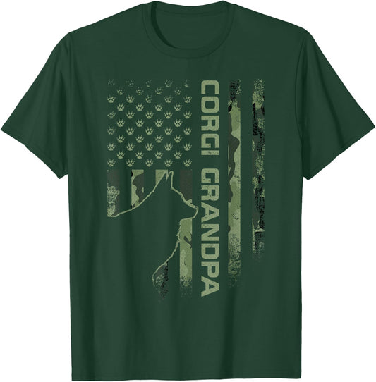 Vintage US American Camo Flag Proud Corgi Grandpa Silhouette T-Shirt - T-Shirt | Forest