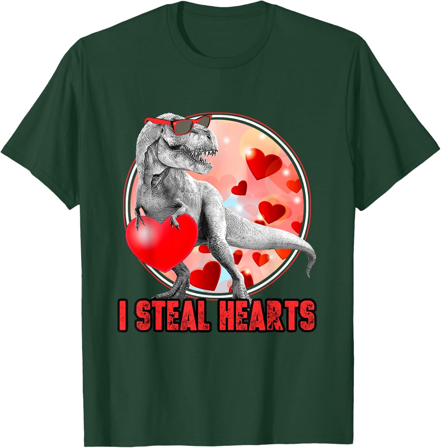 Valentines Day Dinosaur T Rex I Steal Hearts Funny T-Shirt - T-Shirt | Forest