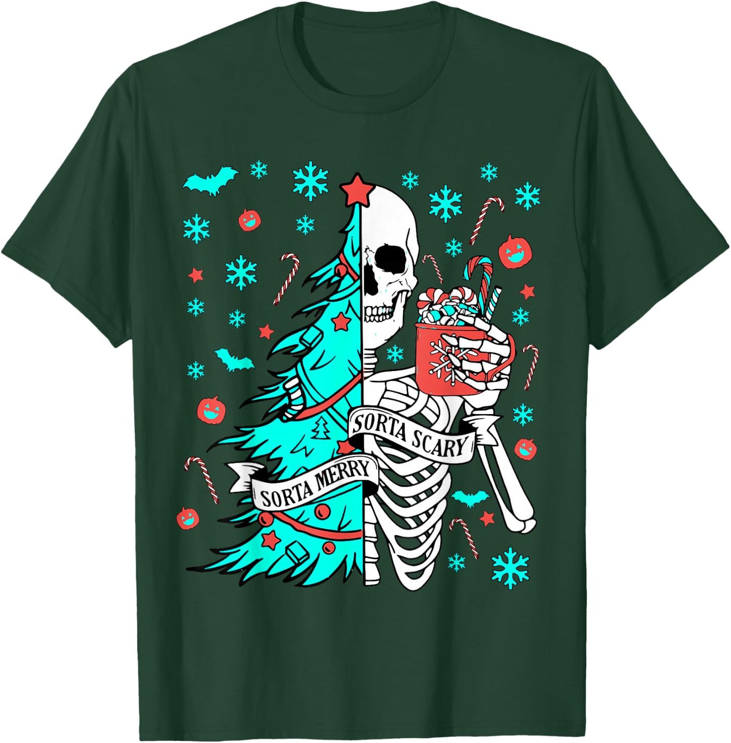 Sorta Merry Sorta Scary Funny Christmas Skeleton Tree Santa T-Shirt - T-Shirt | Forest