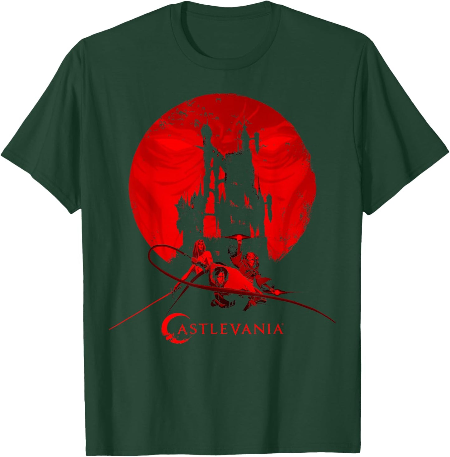 Netflix Castlevania Group Shot Red Moon Castle Silhouette T-Shirt - T-Shirt | Forest