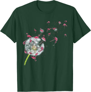 Bird Dandelion Tropical Animal Exotic Floral Pink Flamingo T-Shirt - T-Shirt | Forest