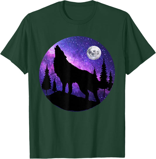 Howling Wolf Under The Full Moon With Purple Galaxy Sky T-Shirt - T-Shirt | Forest