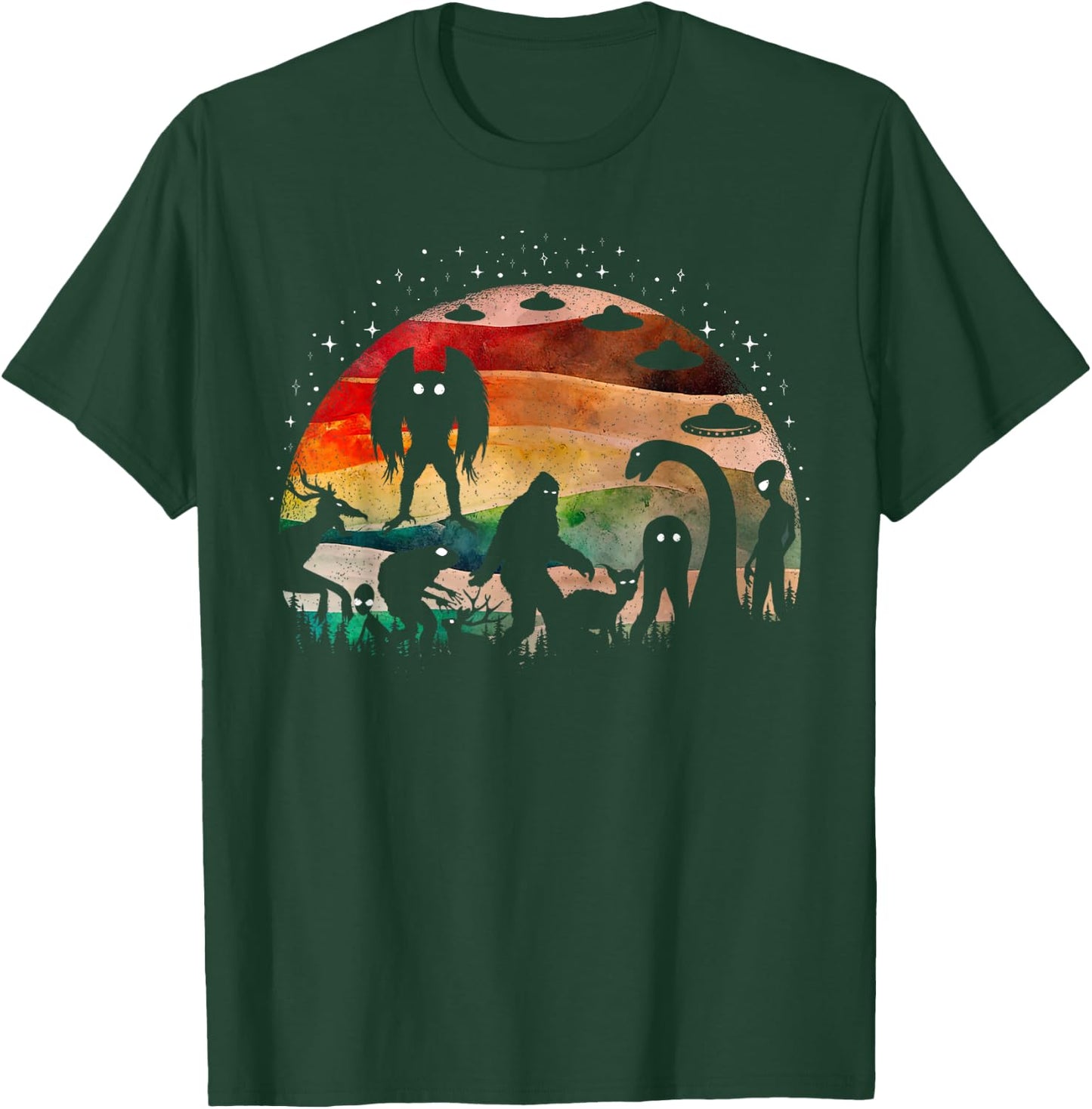 Retro Cryptid Funny Bigfoot Mothman And Aliens Cryptozoology T-Shirt - T-Shirt | Forest