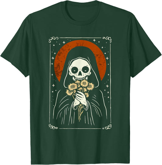 Death Brings Flowers Cute Reaper Skull And Bouquet T-Shirt - T-Shirt | Forest
