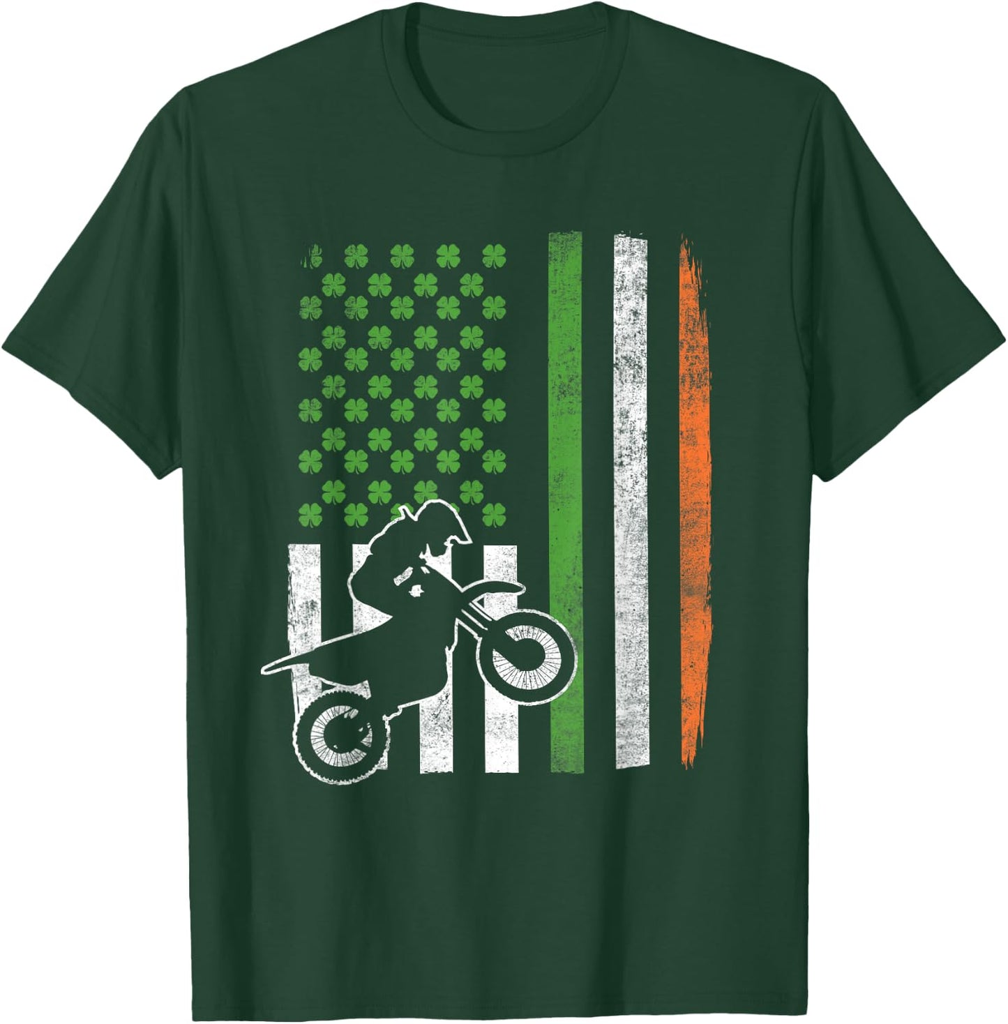 Vintage Motocross St Patricks Day Irish American Flag Gift Women Kids Men T-Shirt - T-Shirt | Forest