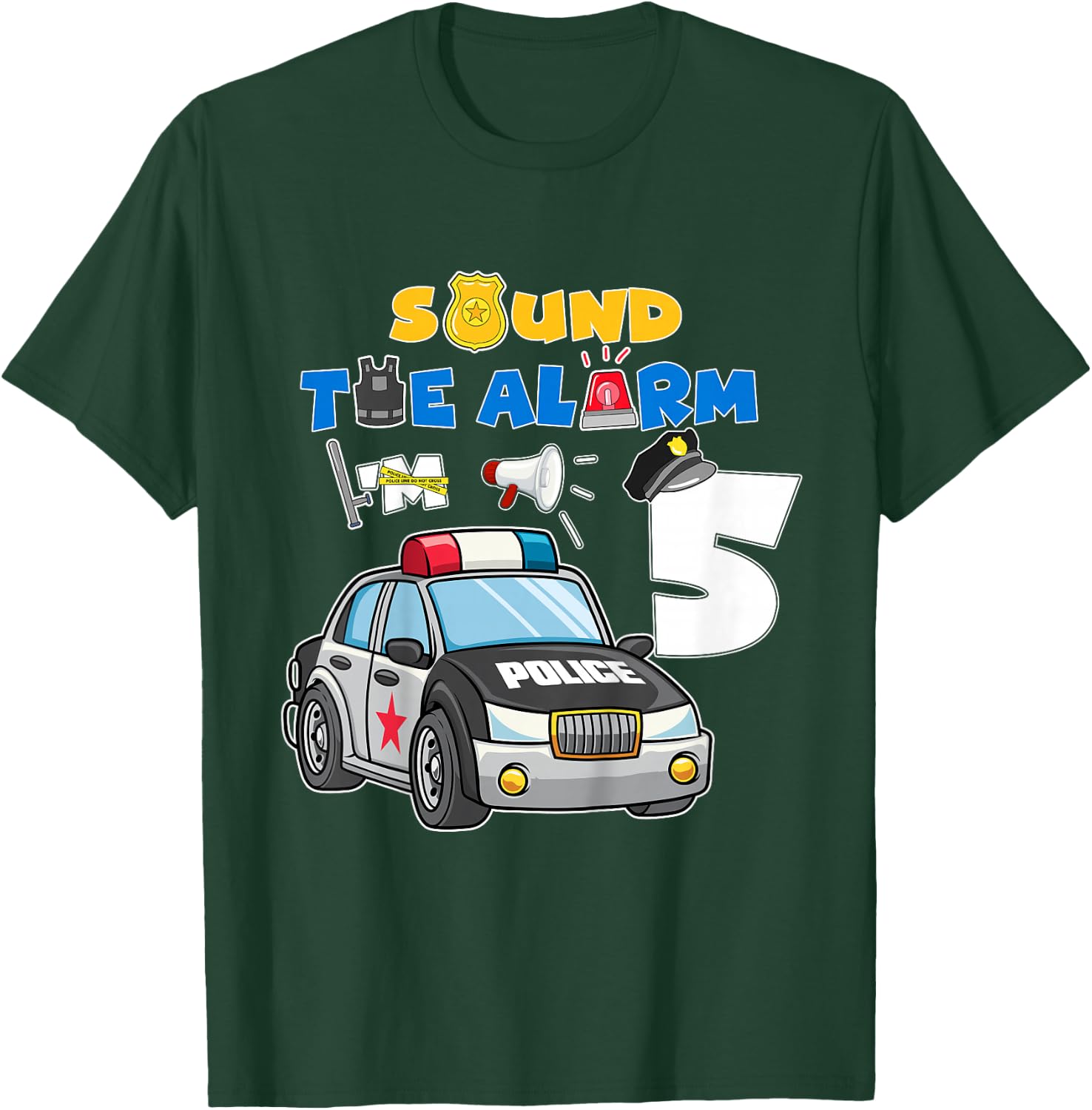 Sound Alarm 5 Year Old Police Cars 5th Birthday Boy T-Shirt - T-Shirt | Forest