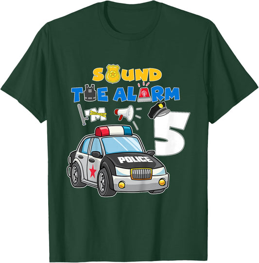 Sound Alarm 5 Year Old Police Cars 5th Birthday Boy T-Shirt - T-Shirt | Forest