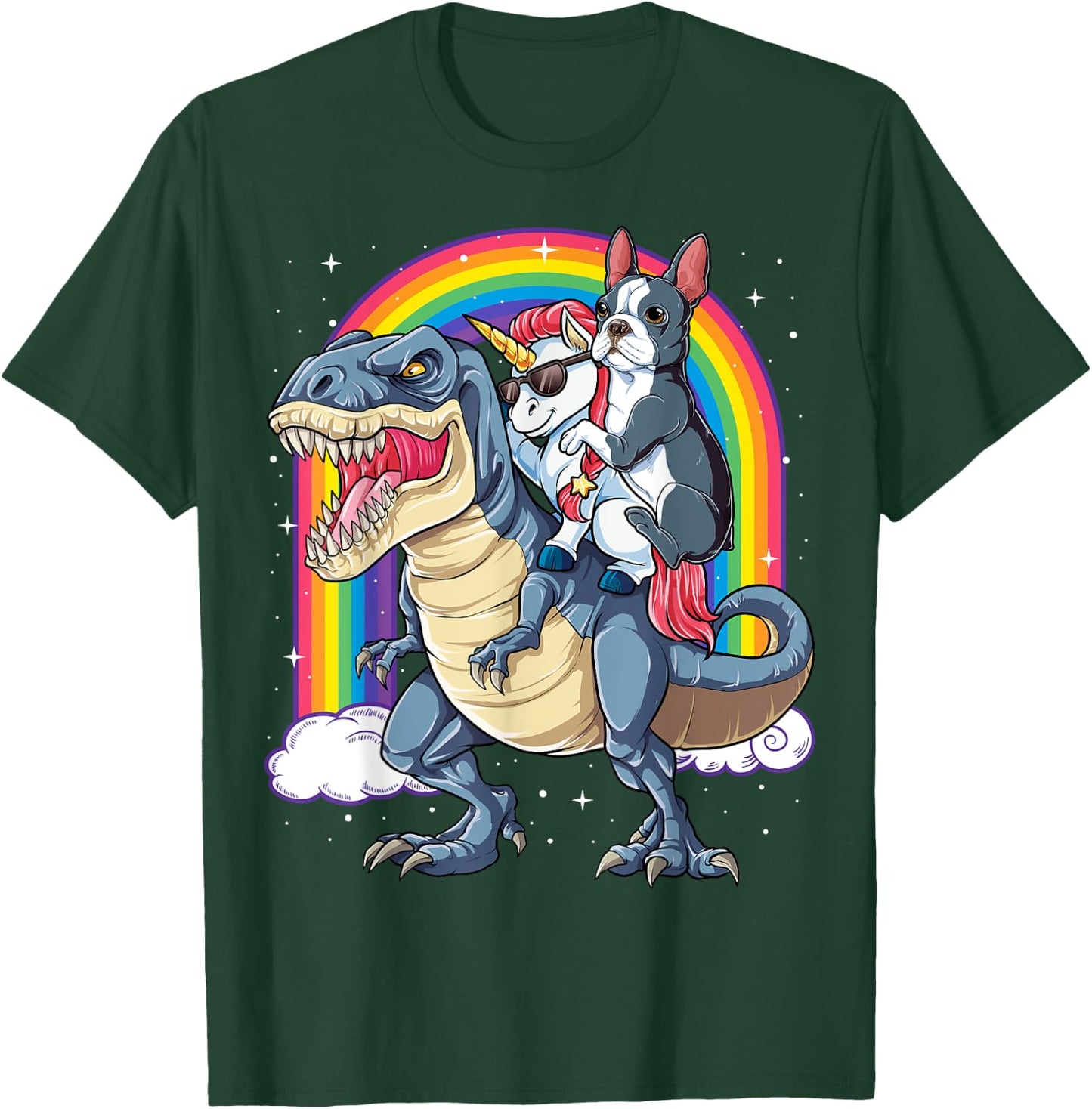 Boston Terrier Unicorn Riding Dinosaur T-rex Girls Rainbow T-Shirt - T-Shirt | Forest