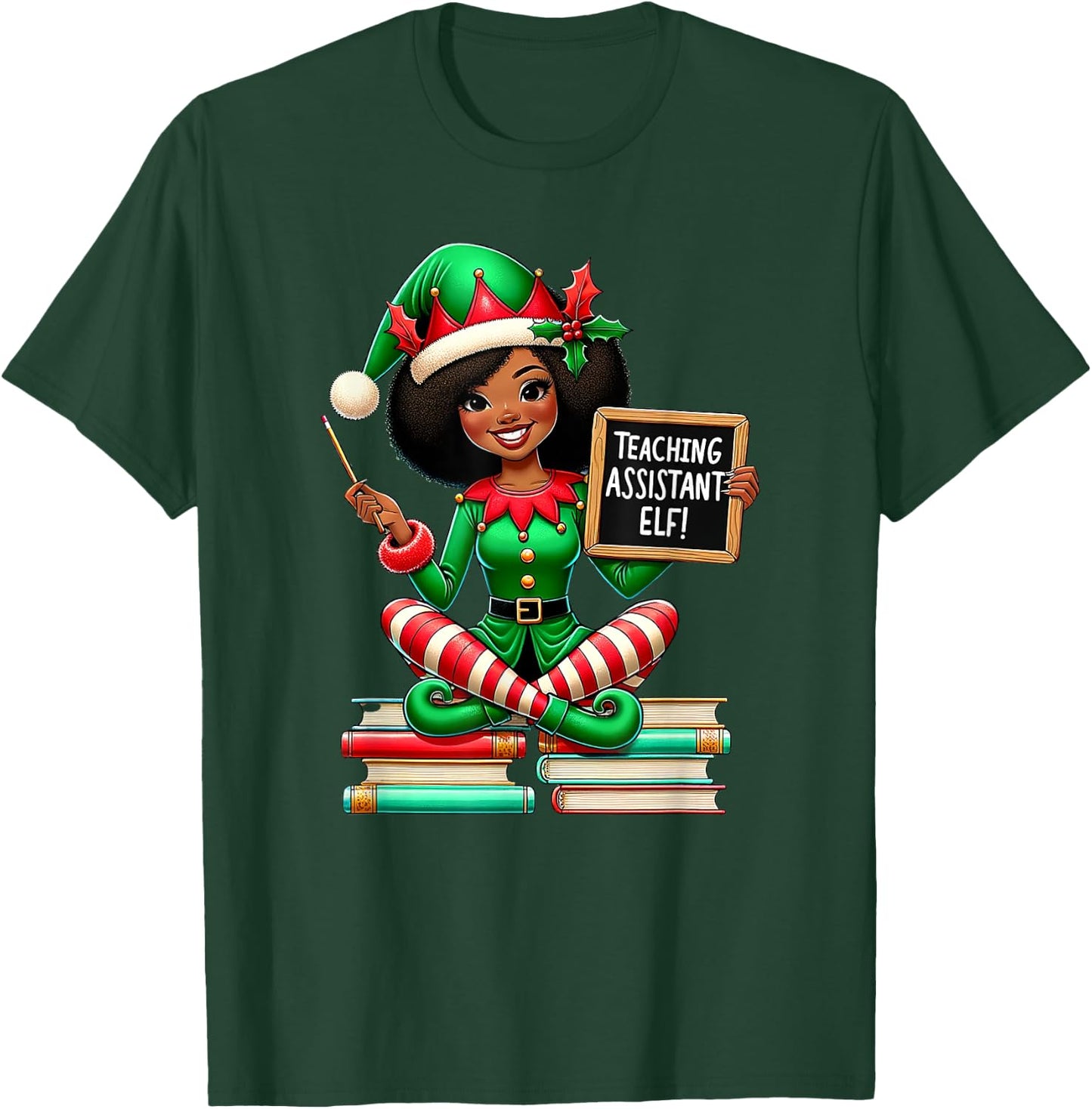 Teaching Assistant Elf African American Elf Educator Holiday T-Shirt - T-Shirt | Forest