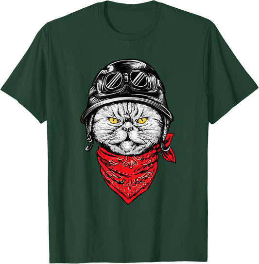 Biker Cat - Motorcycle Chopper Biker Motorbike T-Shirt - T-Shirt | Forest