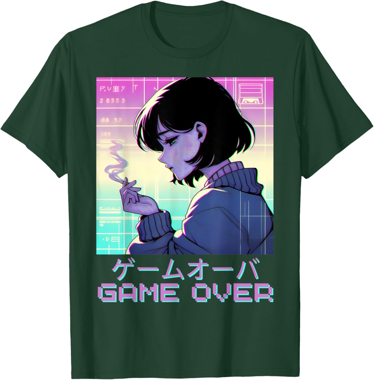 90s Japanese Sad Anime Girl Game Over Vaporwave Aesthetic T-Shirt - T-Shirt | Forest