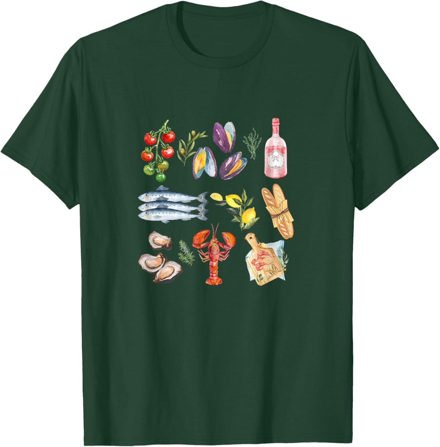 Italian Summer Scrapbook with seafood coastal Mediterranean Men Women Kids T-Shirt - T-Shirt | Forest