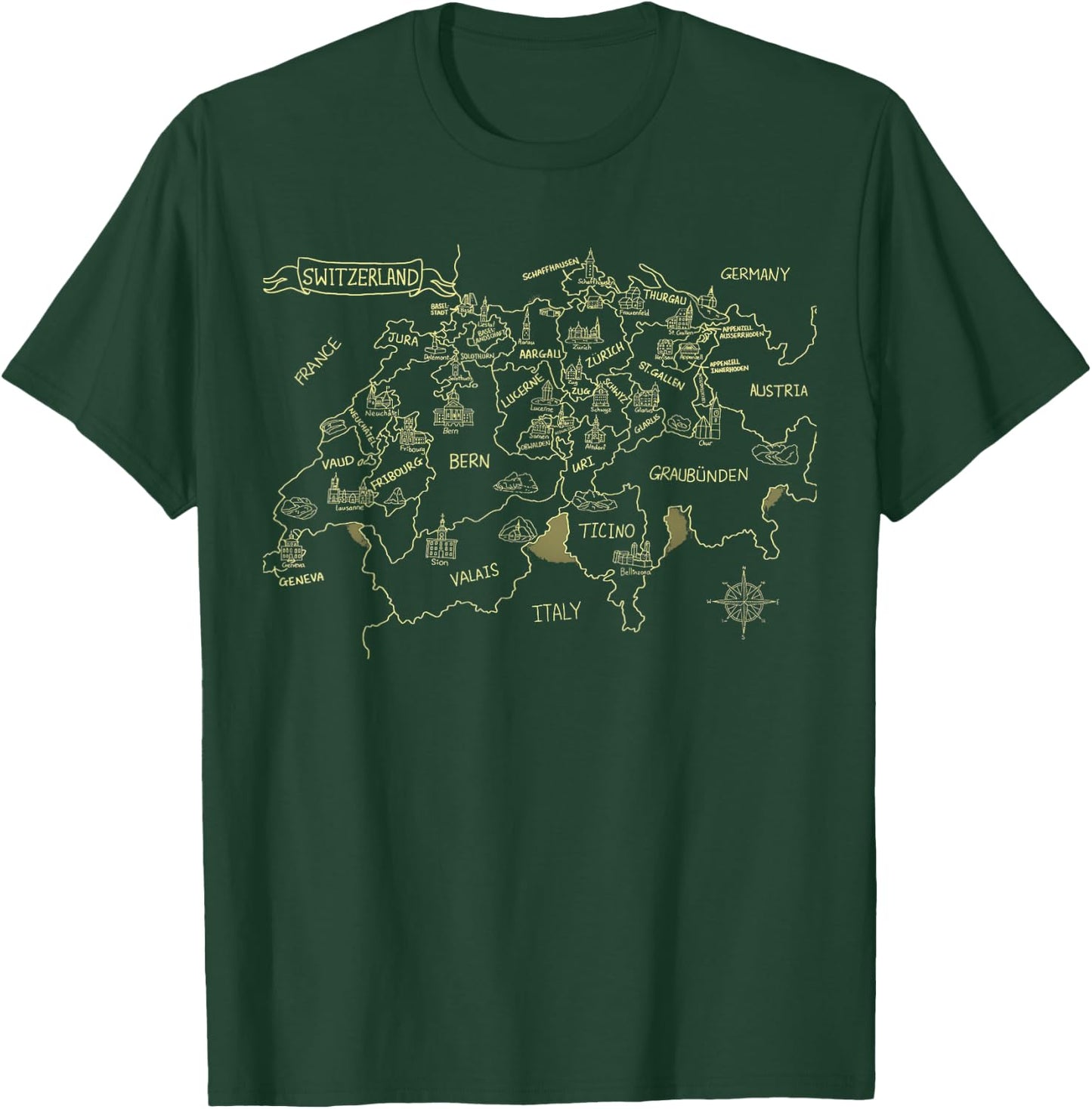 Switzerland Country Map Outline T-Shirt - T-Shirt | Forest