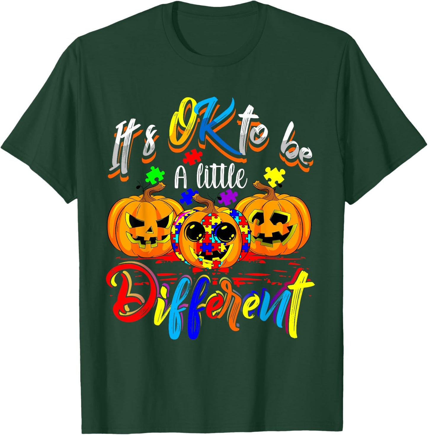 Halloween Autism Pumpkin It's OK To Be a Little Different T-Shirt - T-Shirt | Forest