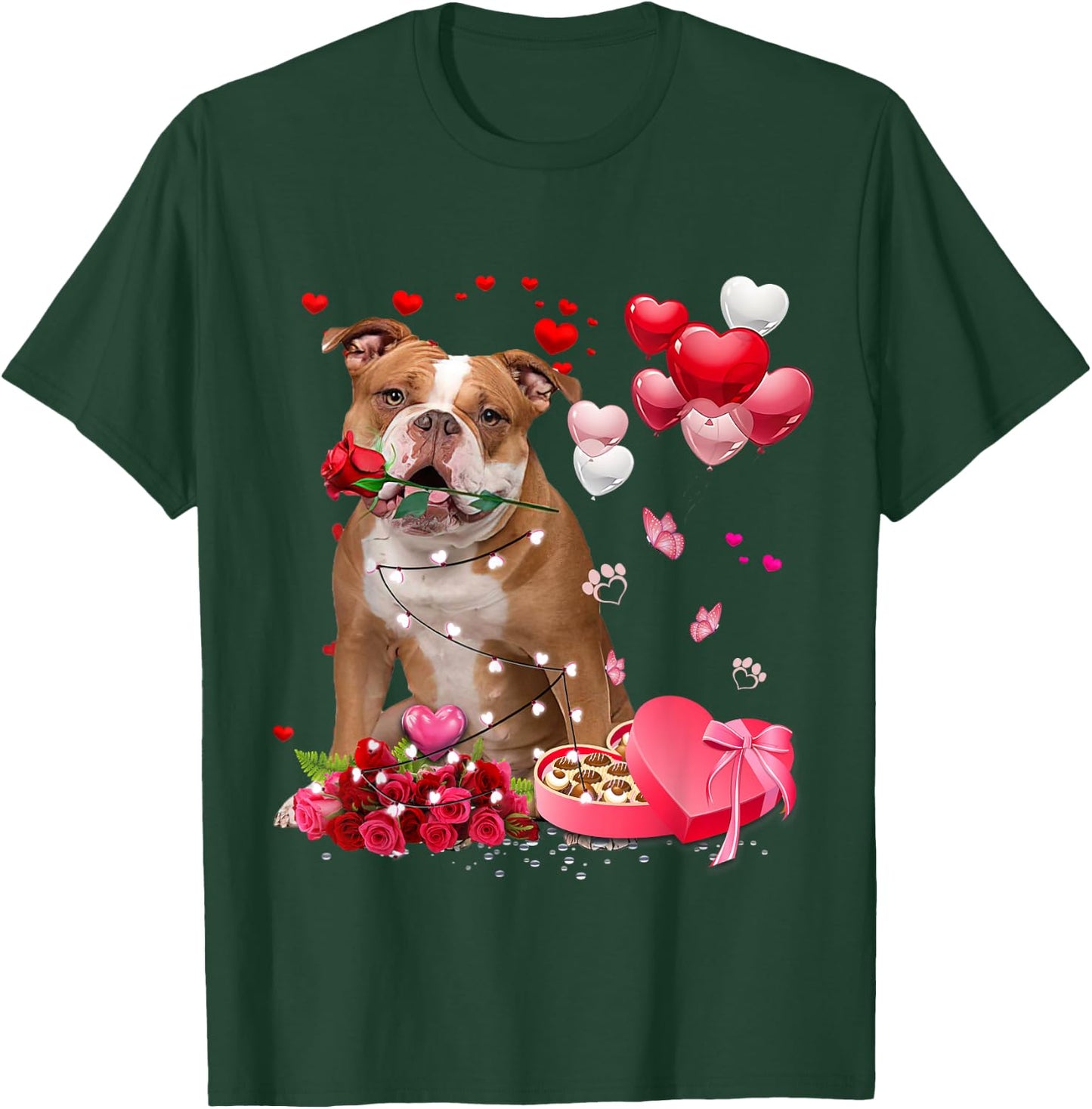 Funny Old English Bulldog Rose Heart Happy Valentine Day Dog T-Shirt - T-Shirt | Forest