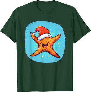Merry Christmas Starfish with Santa Claus Hat T-Shirt - T-Shirt | Forest