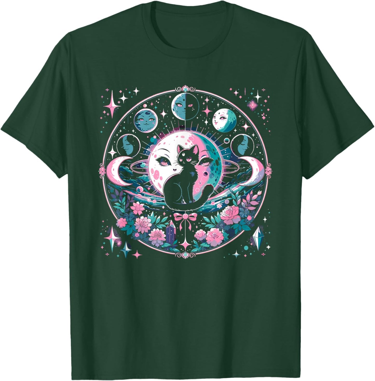 Moon Phases Crystal Witchy Cute Black Cat Kawaii Pastel Goth T-Shirt - T-Shirt | Forest