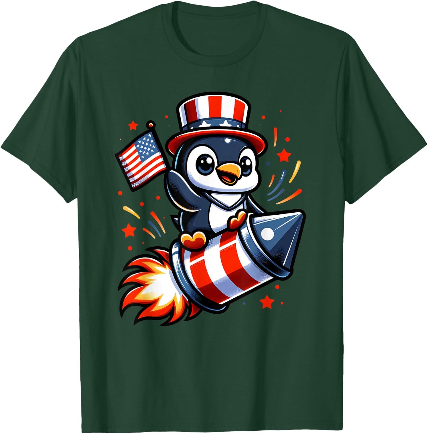 4th July Penguin Fireworks American USA Flag Boys Girls T-Shirt - T-Shirt | Forest