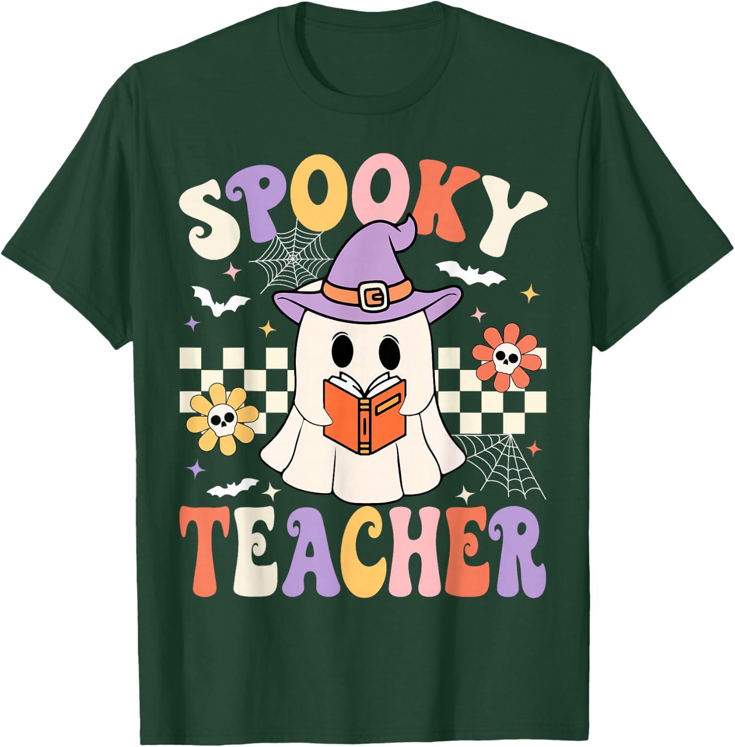 Groovy Spooky Teacher Ghost Retro Floral Teacher Halloween T-Shirt - T-Shirt | Forest