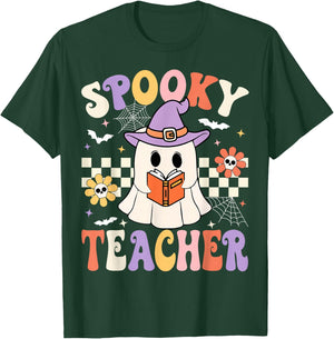 Groovy Spooky Teacher Ghost Retro Floral Teacher Halloween T-Shirt - T-Shirt | Forest