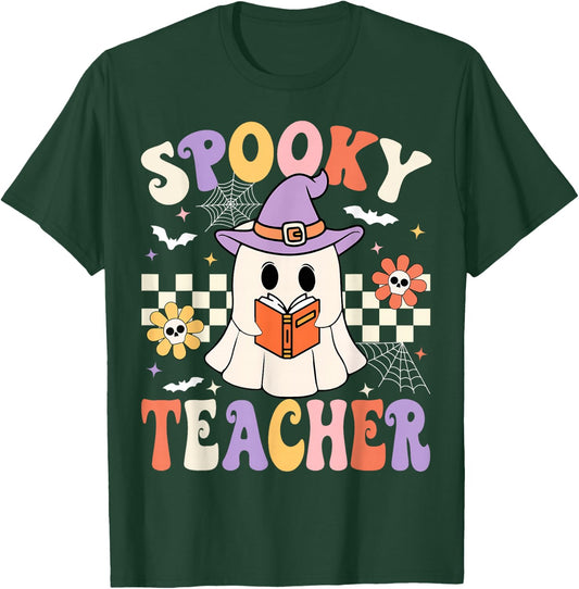 Groovy Spooky Teacher Ghost Retro Floral Teacher Halloween T-Shirt - T-Shirt | Forest