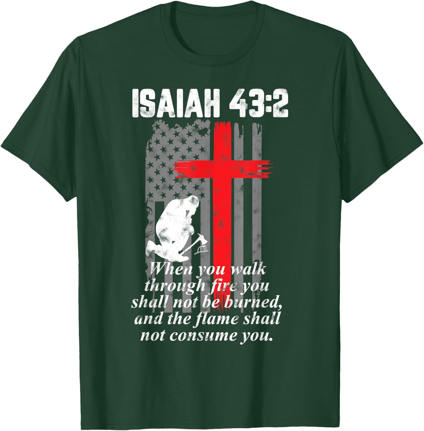 Thin Red Line Firefighter Cross Bible Verse American Flag Small T-Shirt - T-Shirt | Forest
