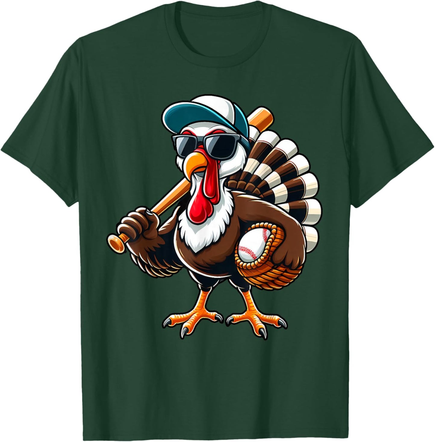 Turkey Baseball Thanksgiving Fall Turkey Playing Baseball T-Shirt - T-Shirt | Forest