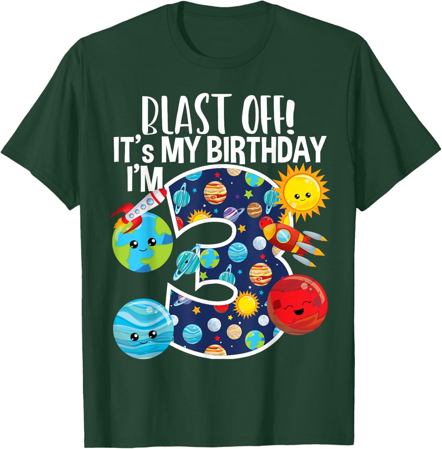 Space Planets Funny Solar Space 3rd Birthday Party 3 Yrs Old T-Shirt - T-Shirt | Forest