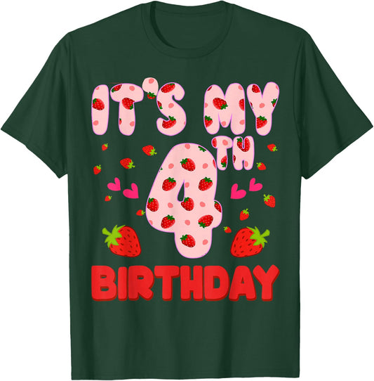 Kids 4 year old Strawberry Birthday Girl Sweet Fruit 4th T-Shirt - T-Shirt | Forest