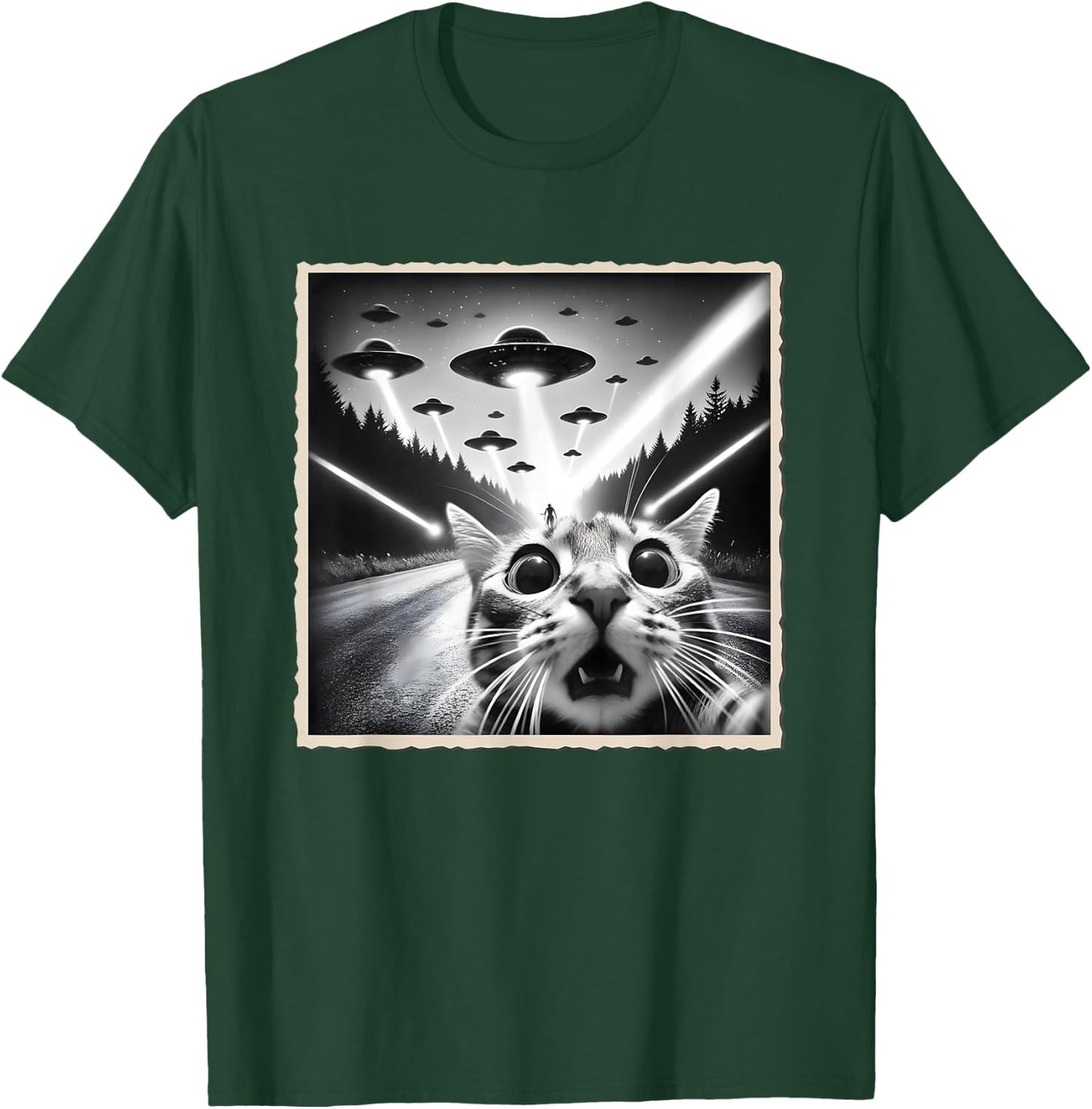 Cat Selfie With UFO | Funny Alien & Cat T-Shirt - T-Shirt | Forest