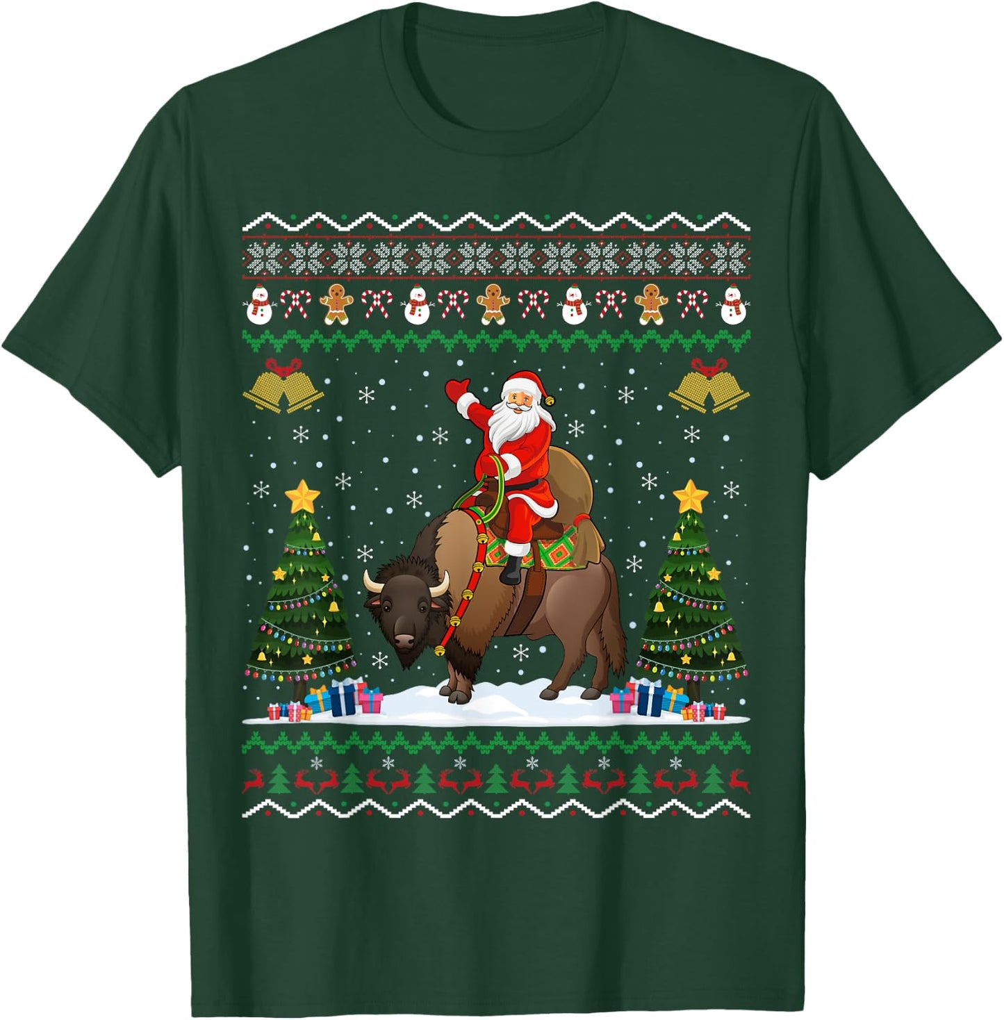 Bison Ugly Xmas Gift Santa Riding Bison Christmas T-Shirt - T-Shirt | Forest