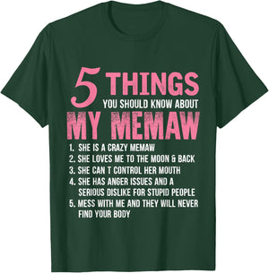 5 Things You Should Know About My Memaw Funny Memaw T-Shirt - T-Shirt | Forest
