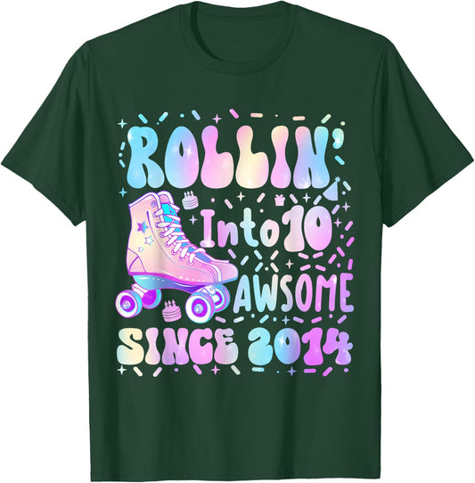 Roller Skate 10th Birthday Rolling Into 10 Since 2014 Girls T-Shirt - T-Shirt | Forest