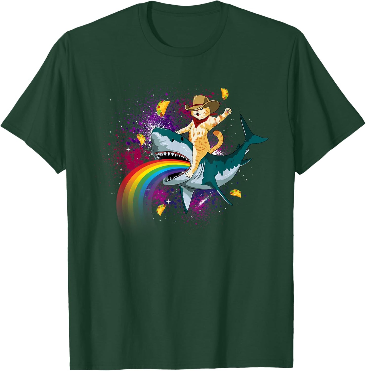 Western Cowboy Cat Riding A Shark In Taco Space Rainbow T-Shirt - T-Shirt | Forest