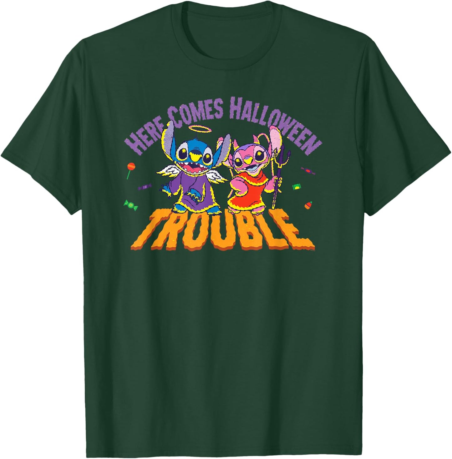 Disney Stitch & Angel Here Comes Halloween Trouble T-Shirt - T-Shirt | Forest