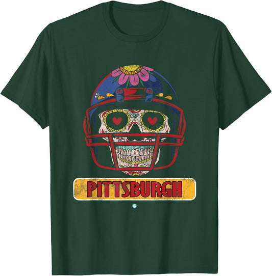 Pittsburgh Football Helmet Sugar Skull Gift T-Shirt - T-Shirt | Forest