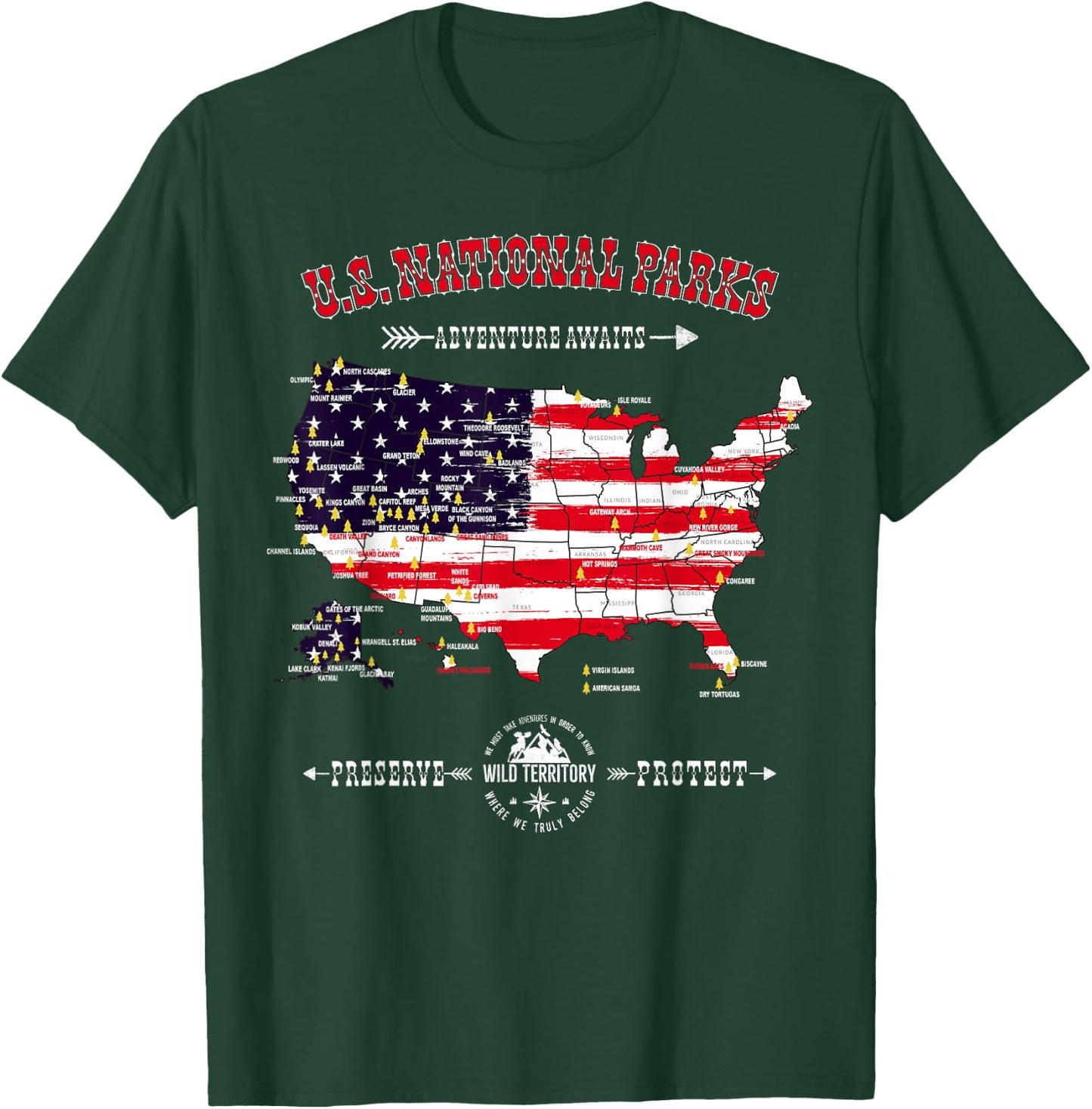 63 National Parks Map - Vintage American Flag Hiking Camping T-Shirt - T-Shirt | Forest