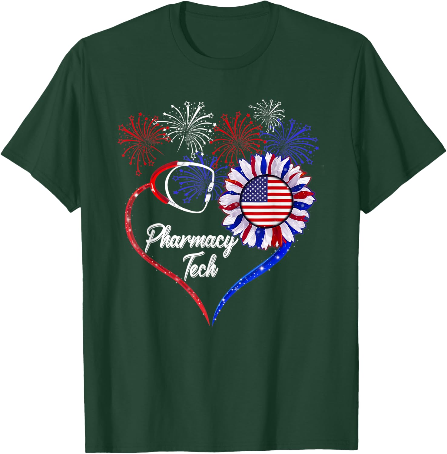 Patriotic Pharmacy Tech Sunflower 4th Of July American Flag Men T-Shirt - T-Shirt | Forest